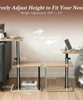 Built Tough 360 Degree Swivel C Shaped End Table With Roomy Three Tier Open Storage Rack And Heavy Duty Metal Frame Featuring Slick Oak Finish For Couch Or Bedside with height adjustment 18.8 to 33 inches.
