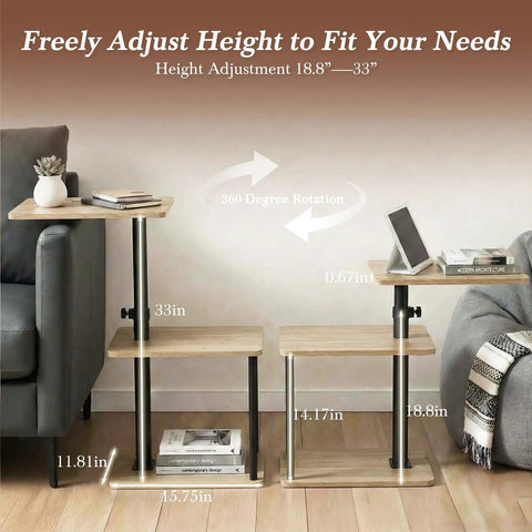 Built Tough 360 Degree Swivel C Shaped End Table With Roomy Three Tier Open Storage Rack And Heavy Duty Metal Frame Featuring Slick Oak Finish For Couch Or Bedside with height adjustment 18.8 to 33 inches.