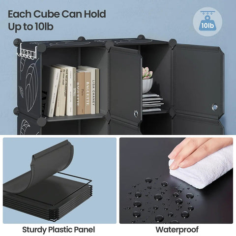 9 Cube Closet Organizer With Doors Portable Modular Storage Shelves for Clothes Books Toys Black Cube Cabinet