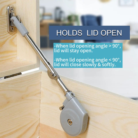 Soft Close Lid Hinge Set With Lid Support For Toy Boxes Wooden Chests And Benches 105 Degree Open Top Flap Hinges installed.