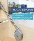 Lid Stay 105 Degree Open With Soft Close For Toy Boxes And Upward Top Opening Flap Doors, installed inside a wooden chest