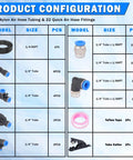 50 Ft One Quarter Inch DOT Air Line Kit With Quick Connect Fittings includes tubing, fittings, tape, tube cutter; product configuration guide