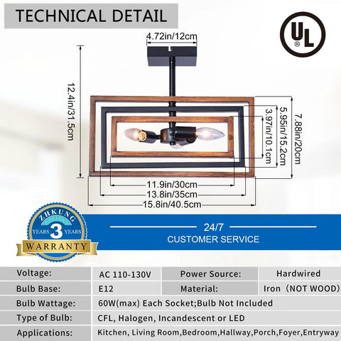 Technical specifications of Dope Industrial Rectangle Flush Mount Ceiling Light With Rotatable Metal Frame In Rustic Faux Wood Finish
