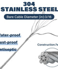 Heavy Duty Three Sixteenth Inch Stainless Steel Wire Rope Kit With Fifty Foot Cable Includes Sixteen M5 Clamps And Ten M5 Thimbles 3700 Pound Breaking Strength 7x19 Aircraft Cable For Zipline Deck Railing And Clothesline Installations