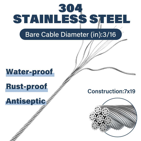 Heavy Duty Three Sixteenth Inch Stainless Steel Wire Rope Kit With Fifty Foot Cable Includes Sixteen M5 Clamps And Ten M5 Thimbles 3700 Pound Breaking Strength 7x19 Aircraft Cable For Zipline Deck Railing And Clothesline Installations