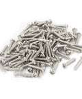 Boss Grade 100 Piece M2 X 10mm Stainless Steel Phillips Pan Head Self Tapping Screws scattered, showcasing their durability for DIY and construction.