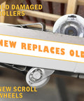Old damaged rollers next to new Nylon Concave Screen Door Roller Replacement Set With Edge Adjustable Design for Tool Free Fix.