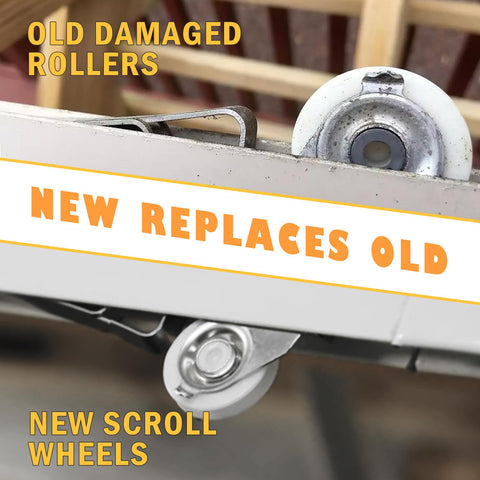 Old damaged rollers next to new Nylon Concave Screen Door Roller Replacement Set With Edge Adjustable Design for Tool Free Fix.