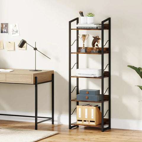 Five Tier Tall Bookshelf Featuring Rustic Brown Wood Panels And Sturdy Metal Frame Narrow Storage Organizer Perfect For Living Room Or Home Office Slick Display Rack Built Tough As Nails To Keep Your Stuff Neat And Tidy Without A Fuss