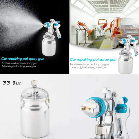 Professional HVLP Siphon Feed Spray Gun With 1000cc Non Drip Cup One Point Seven Millimeter Nozzle displayed in automotive setting