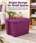 Top Shelf 18 Gallon Storage Bin With No Sweat Snap On Lid Hella Spacious Stackable Tote in magenta for organized small spaces.