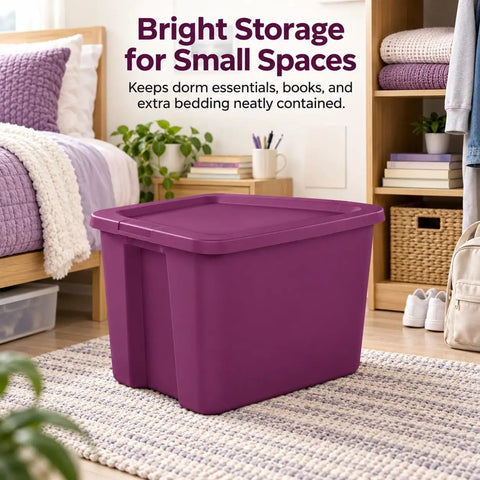 Top Shelf 18 Gallon Storage Bin With No Sweat Snap On Lid Hella Spacious Stackable Tote in magenta for organized small spaces.