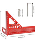 Built Tough Aluminum Multi Angle Measuring Ruler With Quick Snap Angle Pin For Dead On Precision Layout And Scribing Projects In Woodworking Construction And Engineering, red frame with measurement markings.