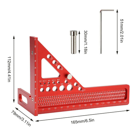 Built Tough Aluminum Multi Angle Measuring Ruler With Quick Snap Angle Pin For Dead On Precision Layout And Scribing Projects In Woodworking Construction And Engineering, red frame with measurement markings.