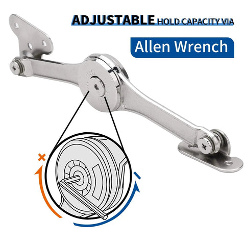 Beefy Heavy Duty Lid Support Hinges Soft Close Folding Lid Stay showing adjustable mechanism with Allen wrench for cabinets and more.