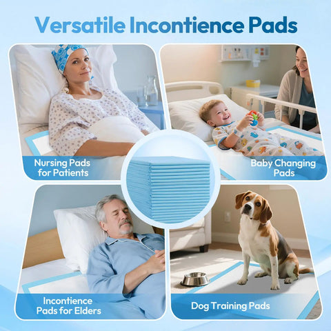 Extra Large Disposable Bed Pads 60 Pack 40 By 40 Inches Rock Solid Leakproof Incontinence Underpads shown for nursing, baby changing, and dog training.