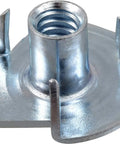 Close-up of a zinc-plated pronged tee nut, size 10-32, showing threaded insert for wood and furniture assembly.