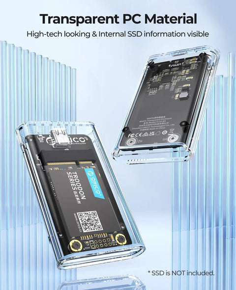 Transparent USB 3.0 mSATA SSD Enclosure With USB C To USB C And USB A Cable Supporting UASP Trim 5Gbps Up To 2TB, visible internals