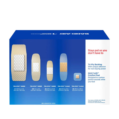 Go To Adhesive Bandages Variety Pack For Minor Cuts Scrapes And Burns, 5 assorted sizes box with bandage illustrations