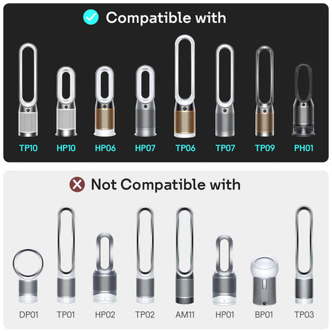 Diagram showing compatibility with models TP10, HP10, HP06, HP07, TP06, TP07, TP09, PH01 for 2-In-1 True HEPA and Carbon Filter Replacement for Dyson Purifiers 360 Degree Glass Filter Fits Pure Cool and Humidify Series Easy Install Compatible With PH01 PH02 PH03 PH04 TP10 HP10 HP09 TP09 HP07 HP06.