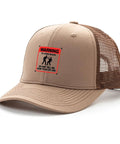 Dope Mesh Baseball Hat For Men With Adjustable Buckle Breathable Trucker Cap in khaki with a warning label on front panel