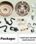 0.325 Inch 7 Tooth Spur Sprocket Clutch Drum Kit With Oil Pump, Fuel Filter, Oil Hose Line, Worm Gear And Spark Plug For MS231 MS231C MS251 MS251C Chainsaws Beefy Heavy Duty Replacement Kit components displayed on a package