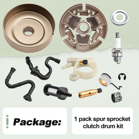 0.325 Inch 7 Tooth Spur Sprocket Clutch Drum Kit With Oil Pump, Fuel Filter, Oil Hose Line, Worm Gear And Spark Plug For MS231 MS231C MS251 MS251C Chainsaws Beefy Heavy Duty Replacement Kit components displayed on a package