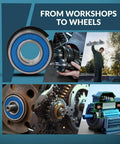 Collage of sealed ball bearing with snap ring kit in go-kart wheel hub replacement for mini bikes and lawn mowers, workshops to wheels theme.
