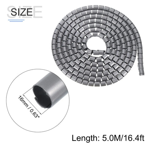 Tube Wrap Cable Kit With Management Cover, 5M Length, 16mm Size, PE Flexible Grey, coiled view with size details inset