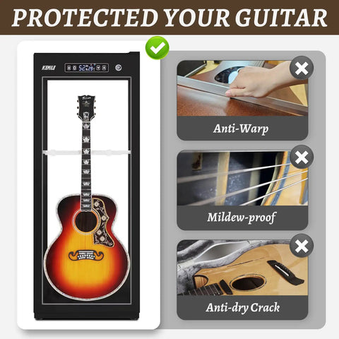 Premium Guitar Display Case With Humidification And Constant Temperature Control showing anti-warp, mildew-proof, anti-dry crack features