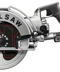 Professional Grade Hardcore 15 Amp Worm Drive Circular Saw With 8 1/4 Inch Blade and Smooth Anti Snag Guard, side view.