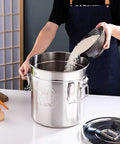 Top Shelf 304 Stainless Steel Airtight Storage Canister With Hella Secure Locking Clamps 5 Point 5 Gallon Kitchen Food Jars for pouring rice.