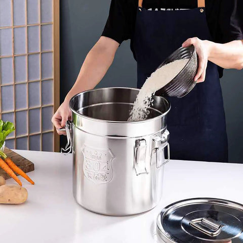 Top Shelf 304 Stainless Steel Airtight Storage Canister With Hella Secure Locking Clamps 5 Point 5 Gallon Kitchen Food Jars for pouring rice.