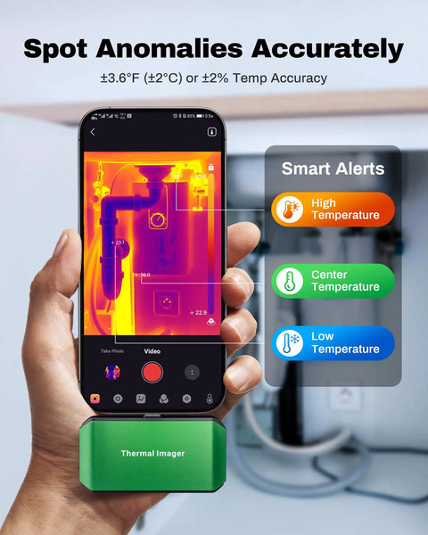 3D Thermal Imaging Camera For Android And PC With Precise Readings, showing screen with thermal image and smart alerts