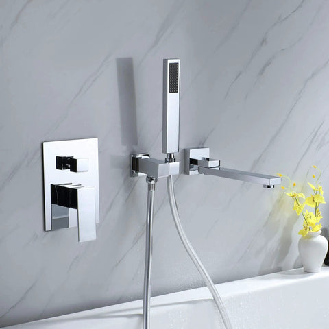 Wall Mounted Bathtub Faucet With Handheld Shower Solid Brass High Flow Tub Filler With 180 Degree Swivel Spout And Sprayer