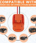 Power Wheels Adapter Kit For 18V Hyper Batteries With 14AWG Wire showing compatible Ridgid AEG battery models
