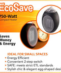 Eco Save Compact Personal Space Heater With 750 Watts ETL Listed Eco Friendly And Energy Efficient Ceramic Heating Element