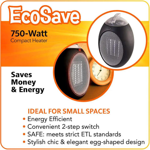 Eco Save Compact Personal Space Heater With 750 Watts ETL Listed Eco Friendly And Energy Efficient Ceramic Heating Element