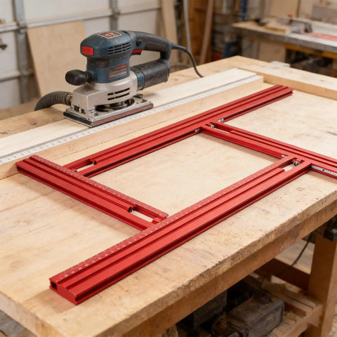 Heavy Duty Adjustable Router Jig For Cutting Boards, red aluminum frame on wooden table with router for precision cuts.