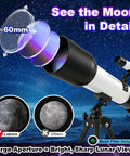 Totally Kid Friendly 60mm Telescope With 18x To 90x Magnification, showcasing moon detail with tripod and finder scope.