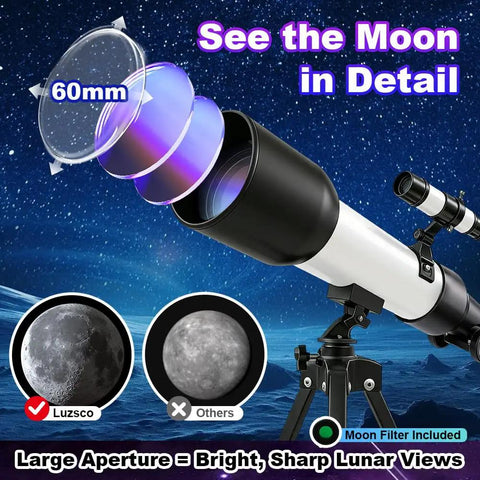 Totally Kid Friendly 60mm Telescope With 18x To 90x Magnification, showcasing moon detail with tripod and finder scope.