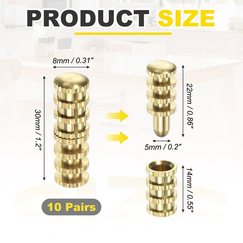 Heavy Duty Brass Table Leaf Dowel Pin Connectors, 30mm x 8mm, precision alignment sleeves for furniture assembly.