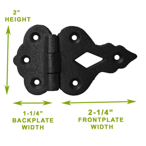Antique Black Wrought Iron Hoosier Cabinet Hinges With Offset Design, heavy duty size labeled for DIY home upgrades, hardware included.