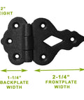 Two Pack Black Wrought Iron Offset Cabinet Hinges Three Eighths Inch Hoosier Style Kitchen Cupboard Door Hardware, 2x1-1/4x2-1/4 in size.