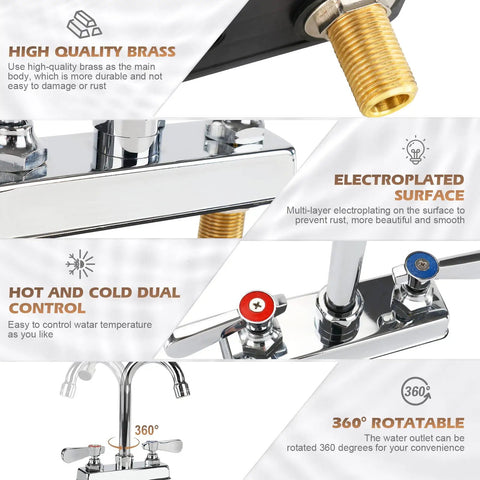 Commercial Bar Sink Faucet With Four Inch Center Deck Mount And Three And A Half Inch Gooseneck Swivel Spout, Chrome Finish, 360 Rotatable