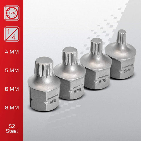 Close-up of four XZN Triple Square Stubby Low Profile Bit Socket Set 4Mm to 8Mm 12 Point Spline S2 Steel on grey background.
