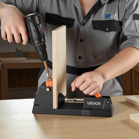 Person using a Lightweight Pocket Hole Jig Kit With One Half Inch To One And A Half Inch Adjustable Depth Dust Collection Adapter for woodworking.