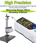 Top Notch Surface Roughness Tester Profilometer For Precision Metal Machining QC, 160µm Range, 0.001µm Resolution, Diamond Probe, DSP Driven Measuring Instrument For Electronics Industry displayed with digital interface and stand.
