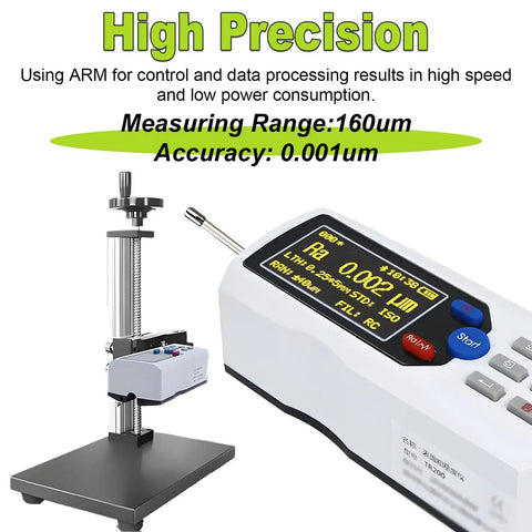 Top Notch Surface Roughness Tester Profilometer For Precision Metal Machining QC, 160µm Range, 0.001µm Resolution, Diamond Probe, DSP Driven Measuring Instrument For Electronics Industry displayed with digital interface and stand.