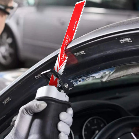 EZARC carbide reciprocating saw blade, 6-inch, 8TPI, red with white text, held by gloved hand near car tire